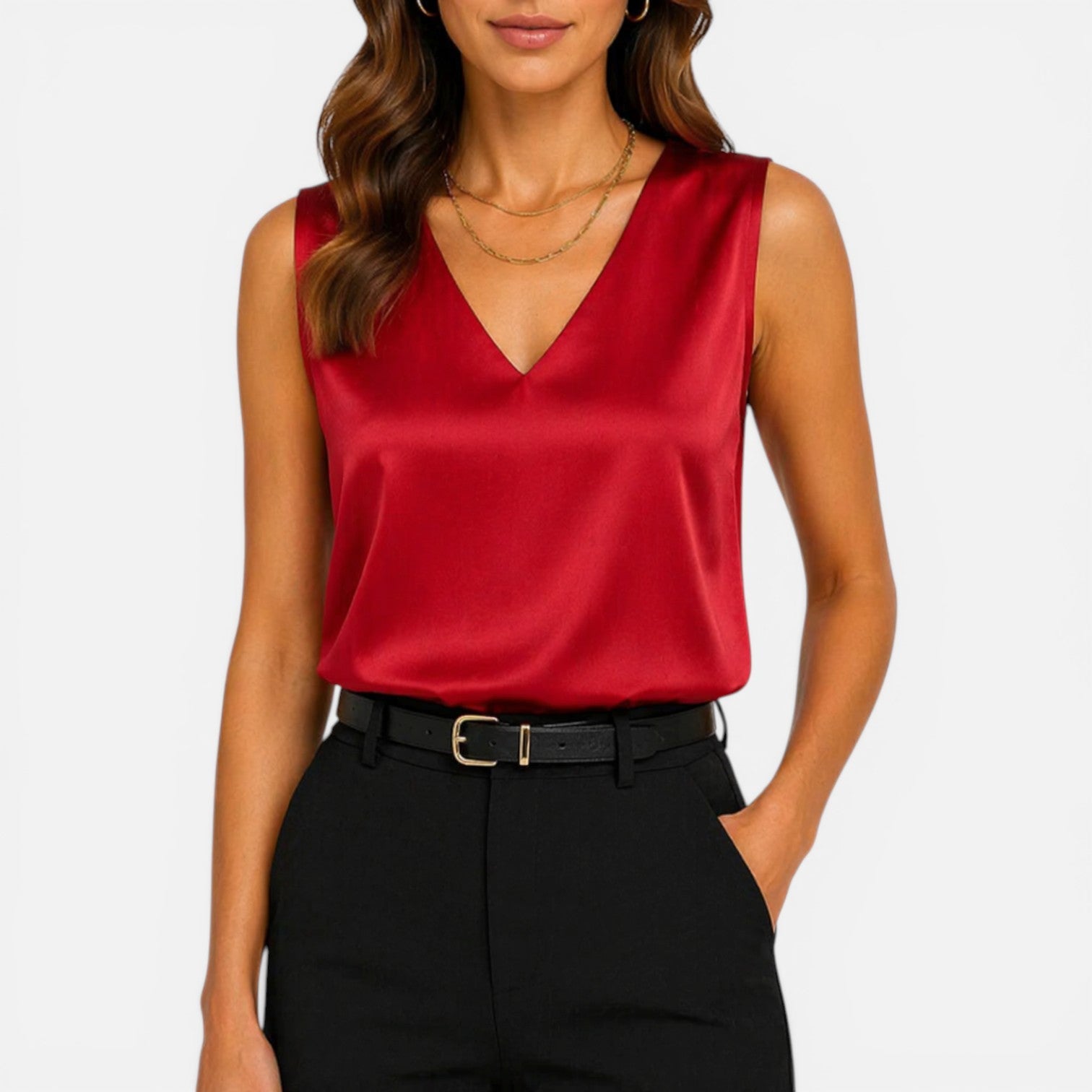 Sleeveless satin blouse for women with V-neck and elegant silky finish, stylish women's shirt from My Store.