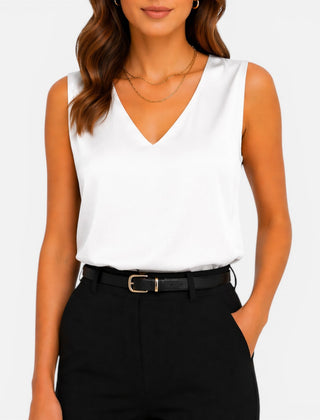 Elegant women's satin sleeveless blouse with V-neck and silky texture, perfect for stylish occasions.