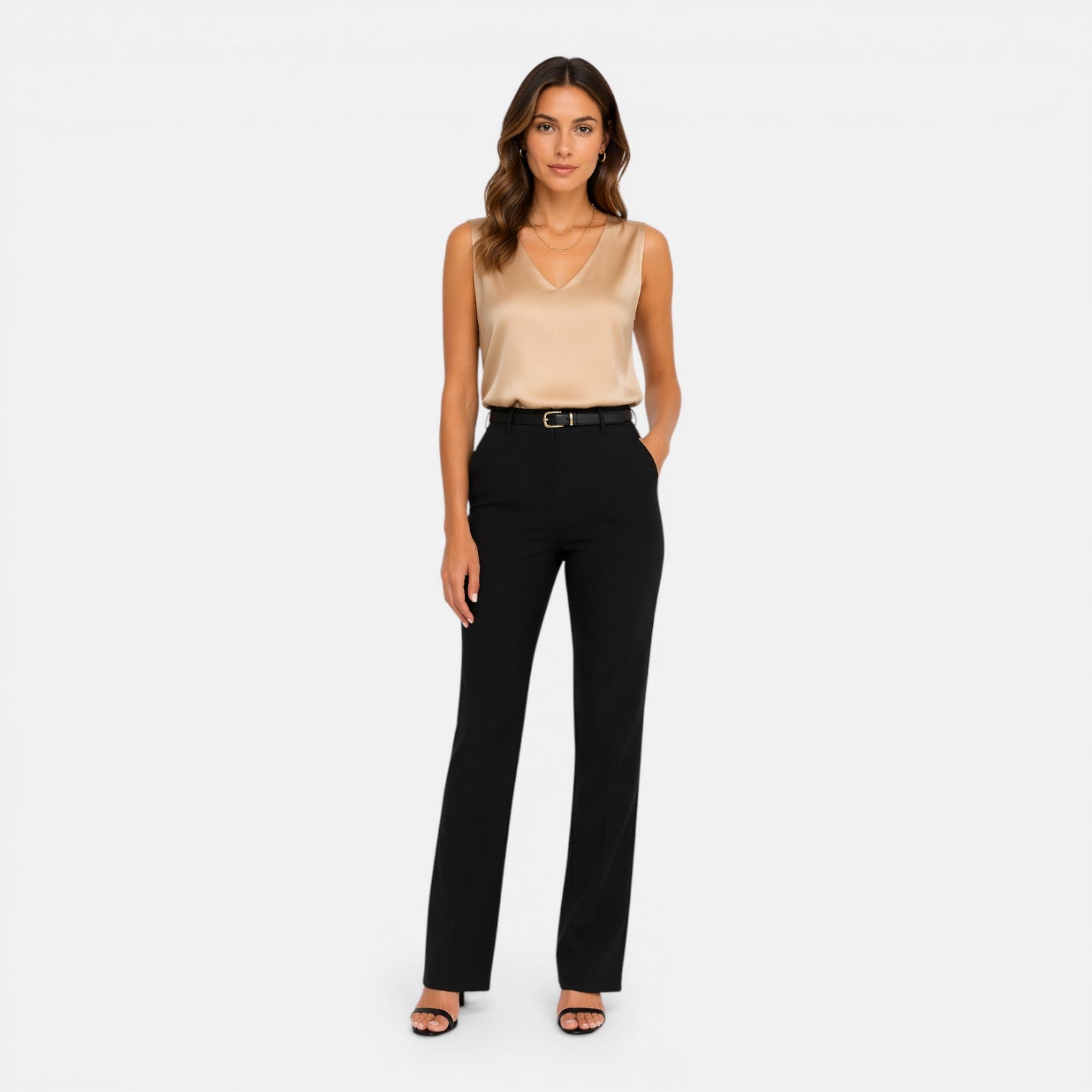 Elegant women's sleeveless satin blouse with a V-neck, silky texture, perfect for stylish and sophisticated looks.