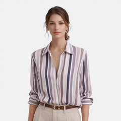 Lightweight women's summer blouse with vertical white and blue stripes, casual fit, perfect for warm weather.