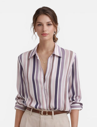 Lightweight women's summer blouse with vertical white and blue stripes, casual fit, perfect for warm weather.