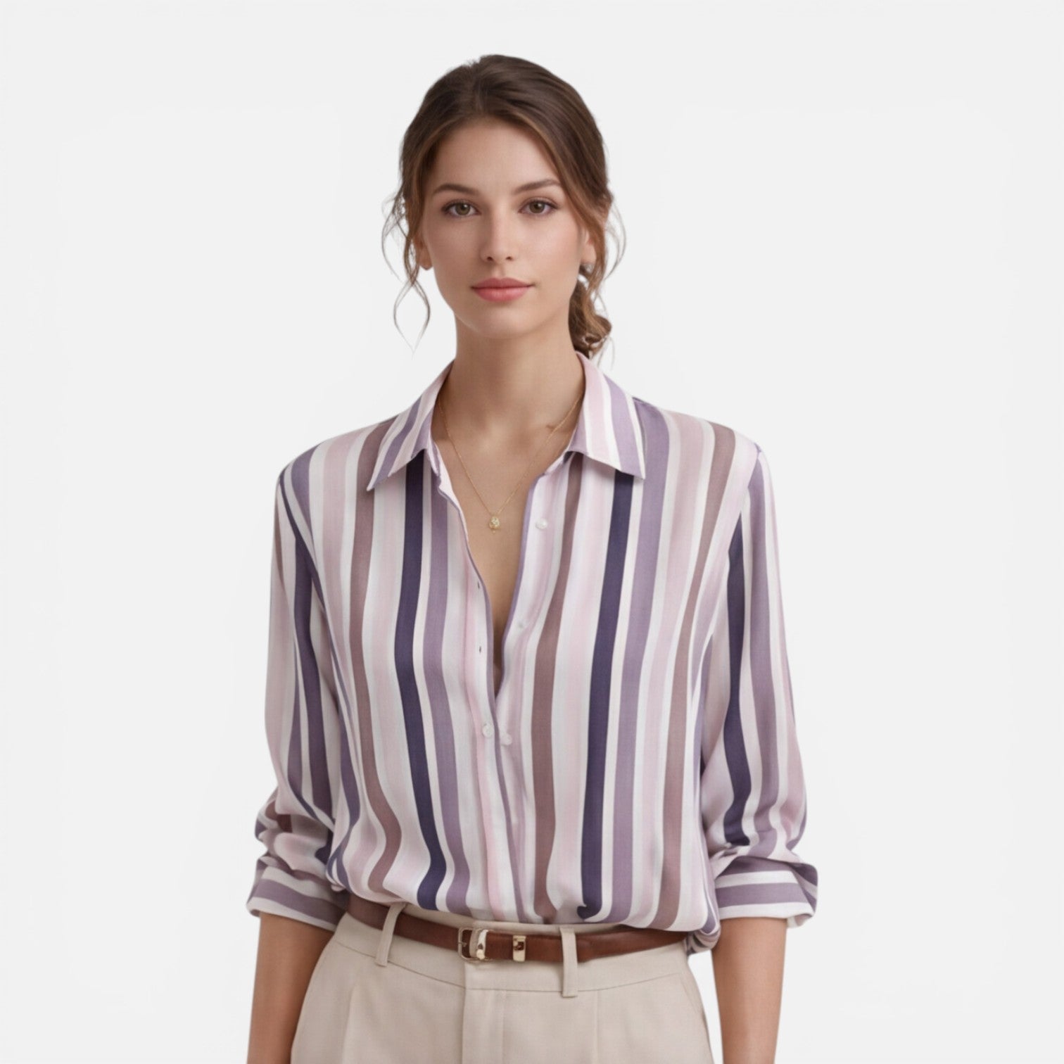 Lightweight women's summer blouse with vertical white and blue stripes, casual fit, perfect for warm weather.