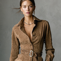 Soft suede long sleeve midi dress for women, featuring a fitted silhouette and elegant design in natural suede fabric.