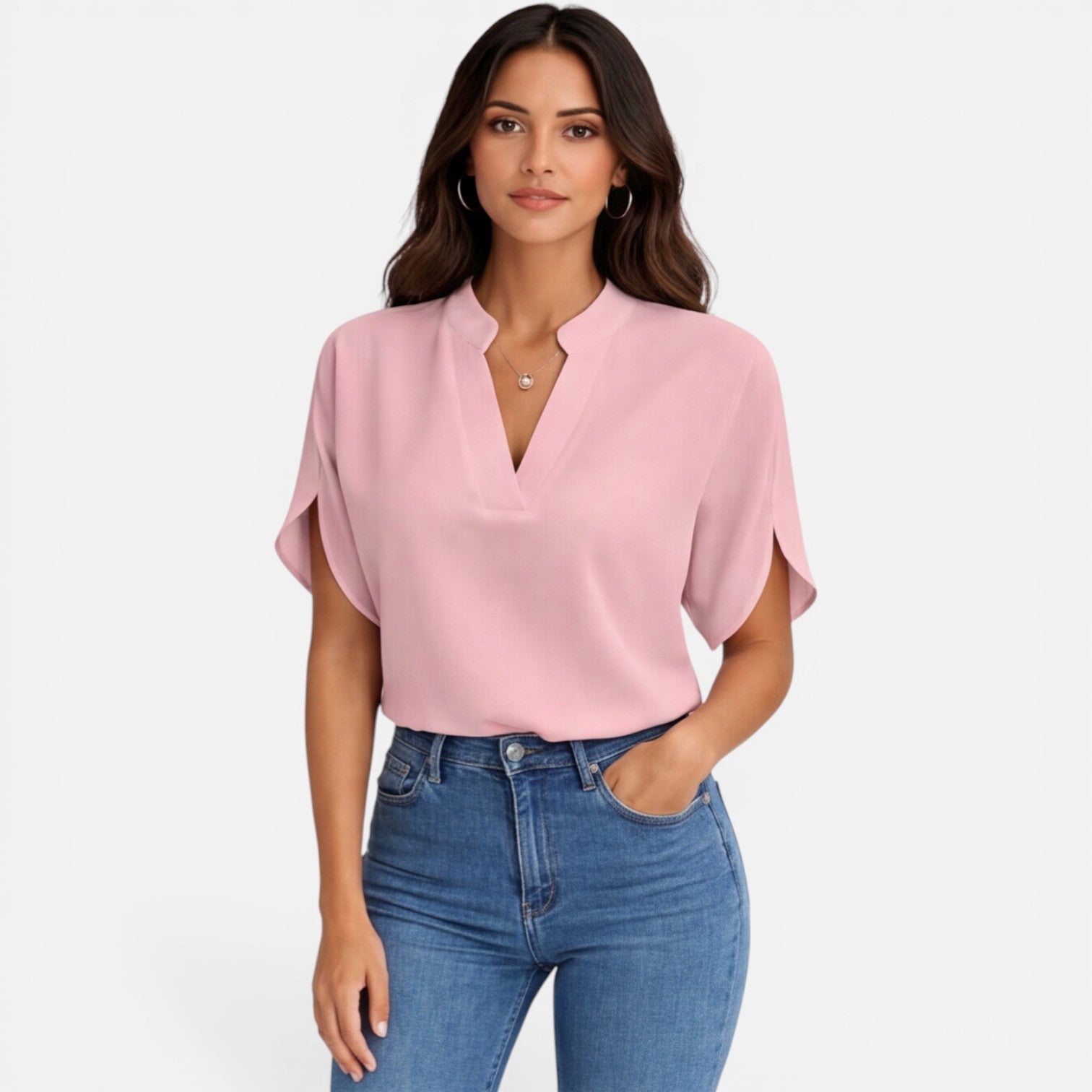 Lightweight women's chiffon blouse with V-neck, casual summer top in soft pastel color, perfect for warm weather.