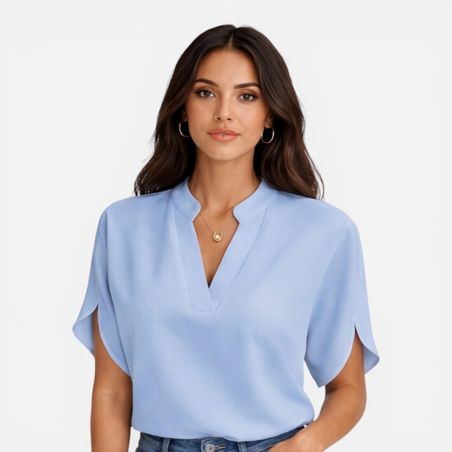 Lightweight women's chiffon V-neck blouse with short sleeves, perfect for summer casual wear, from My Store.
