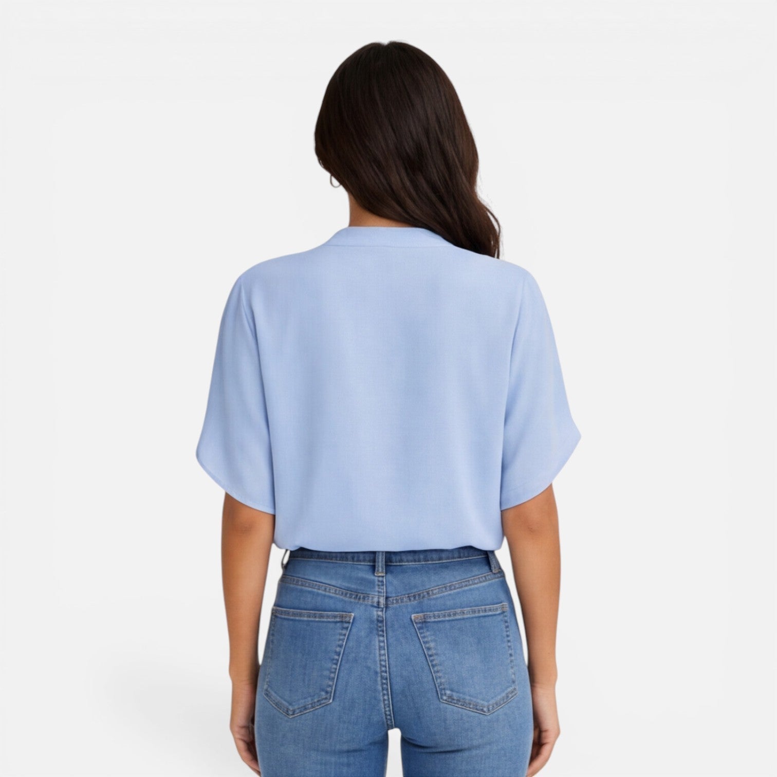 Lightweight women's chiffon V-neck summer blouse with casual style, flowing fabric, and short sleeves.