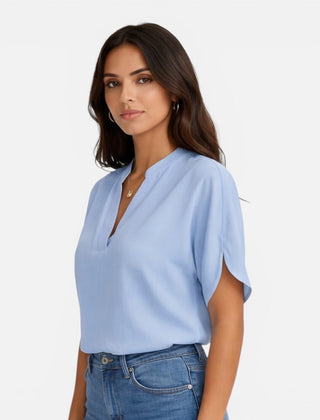 Lightweight women's chiffon V-neck blouse with casual summer style, featuring flowy fabric and a relaxed fit.