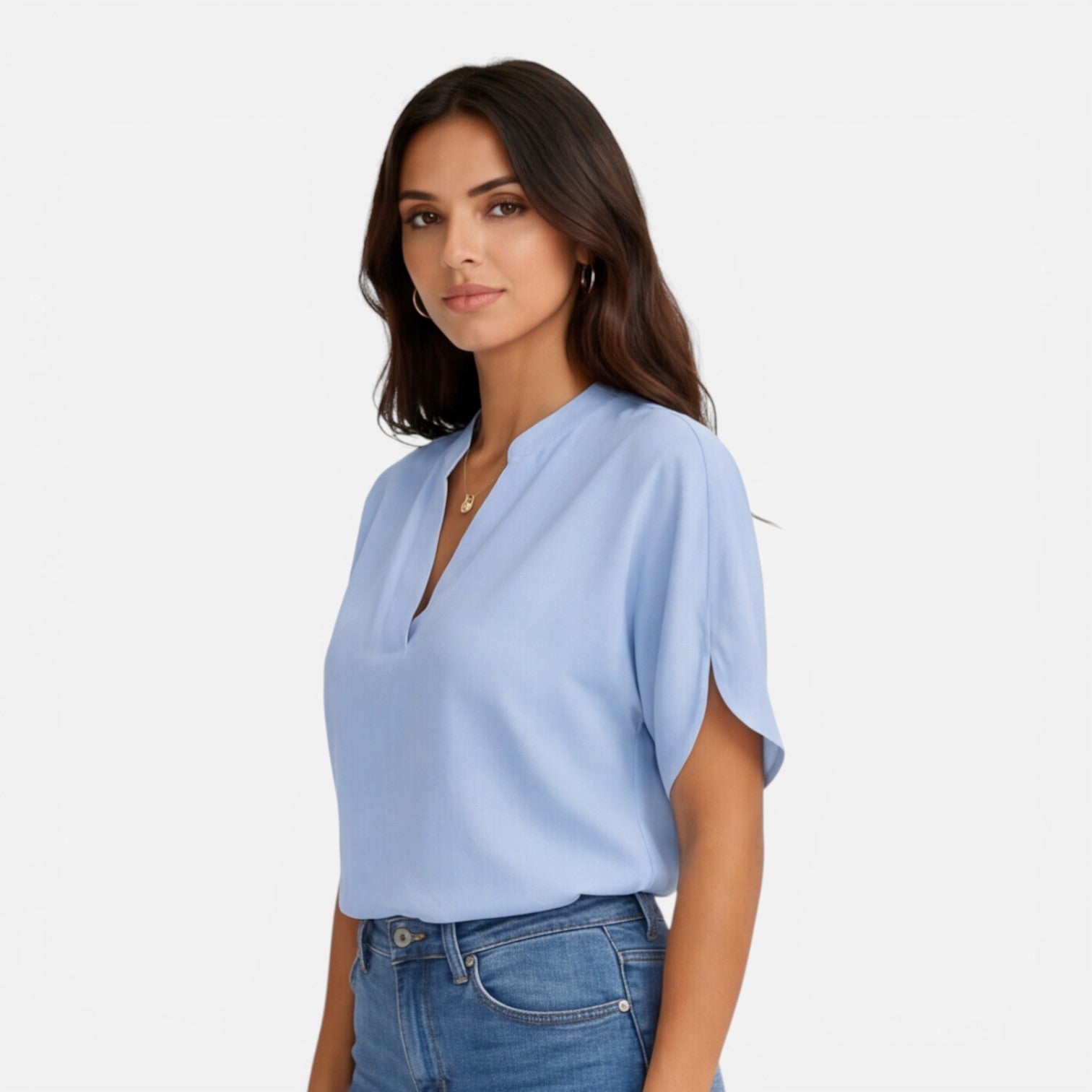 Lightweight women's chiffon V-neck blouse with casual summer style, featuring flowy fabric and a relaxed fit.