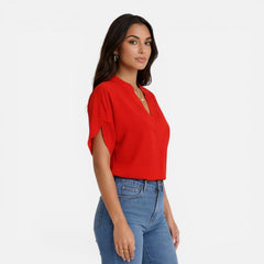 Lightweight women's chiffon V-neck blouse in a casual summer style, featuring flowy fabric and a relaxed fit.