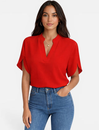 Lightweight women's chiffon V-neck blouse with casual summer style, featuring flowy fabric and feminine design.