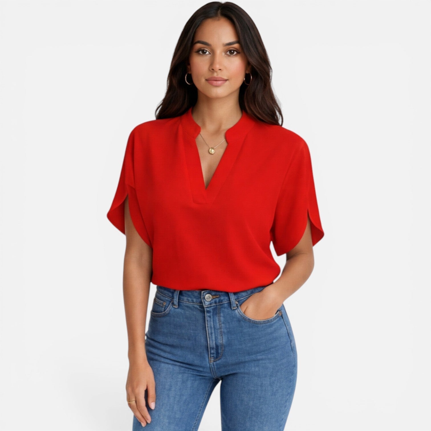 Lightweight women's chiffon V-neck blouse with casual summer style, featuring flowy fabric and feminine design.