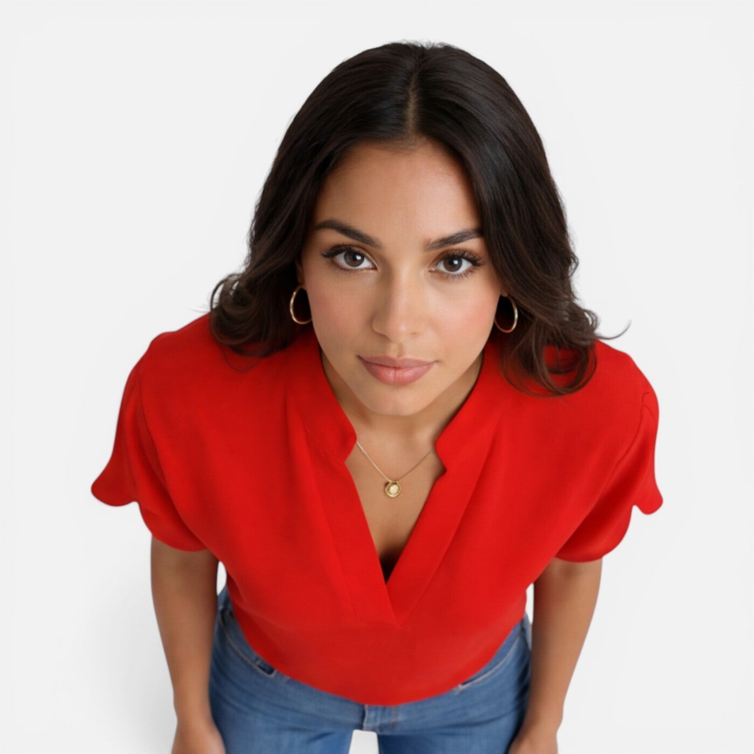 Lightweight women's chiffon blouse with a V-neck, casual summer top in soft fabric, perfect for warm weather.