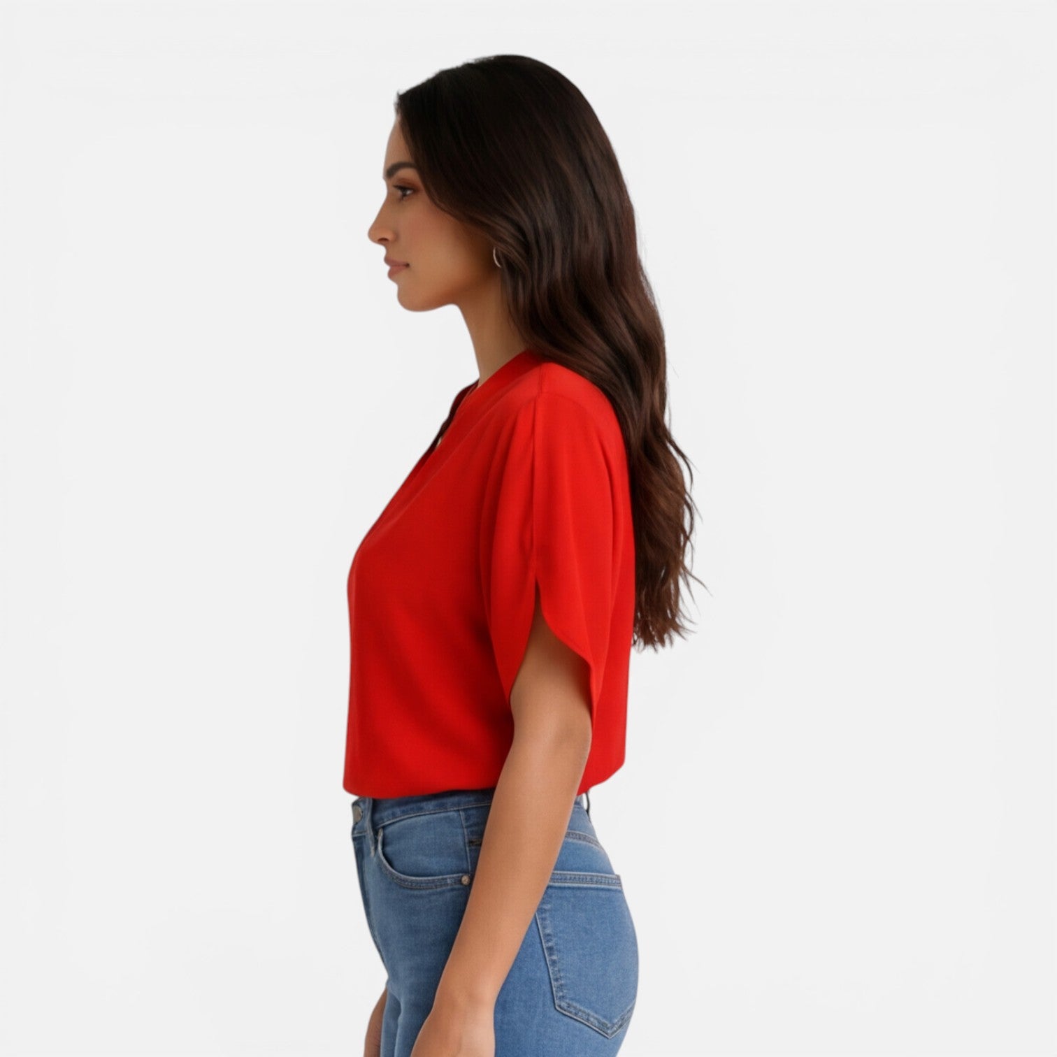 Lightweight women's chiffon V-neck blouse with short sleeves, casual summer top perfect for warm weather.