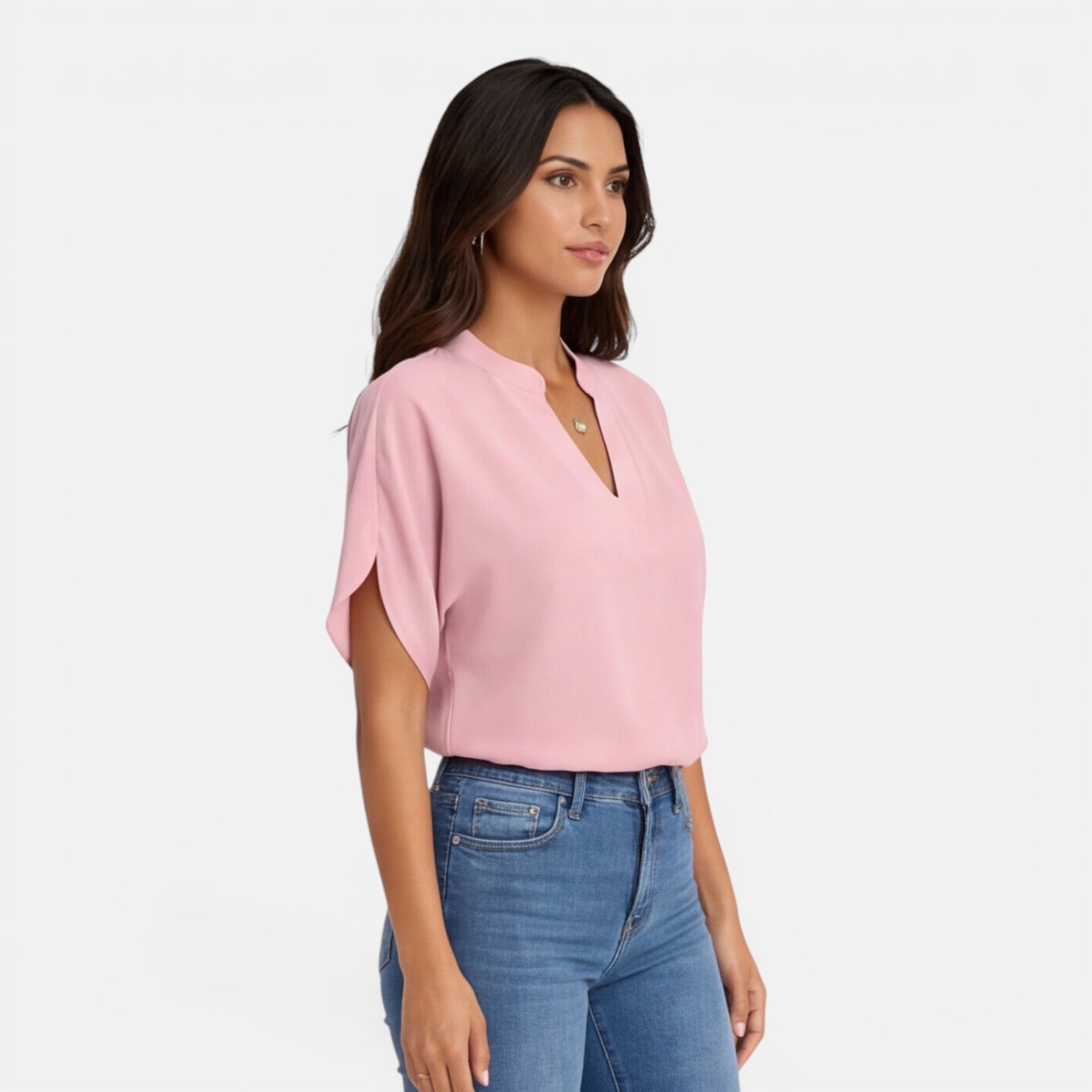 Lightweight women's chiffon V-neck blouse with casual summer style, featuring flowing fabric and relaxed fit.