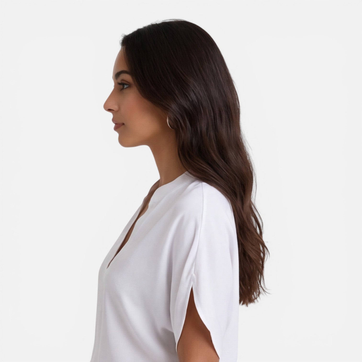 Lightweight women's chiffon blouse with V-neck, casual summer top, flowing fabric, in a light-colored design.