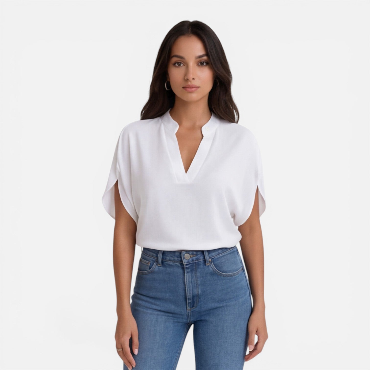 Lightweight women's chiffon V-neck blouse in soft summer colors, casual style, perfect for warm weather.