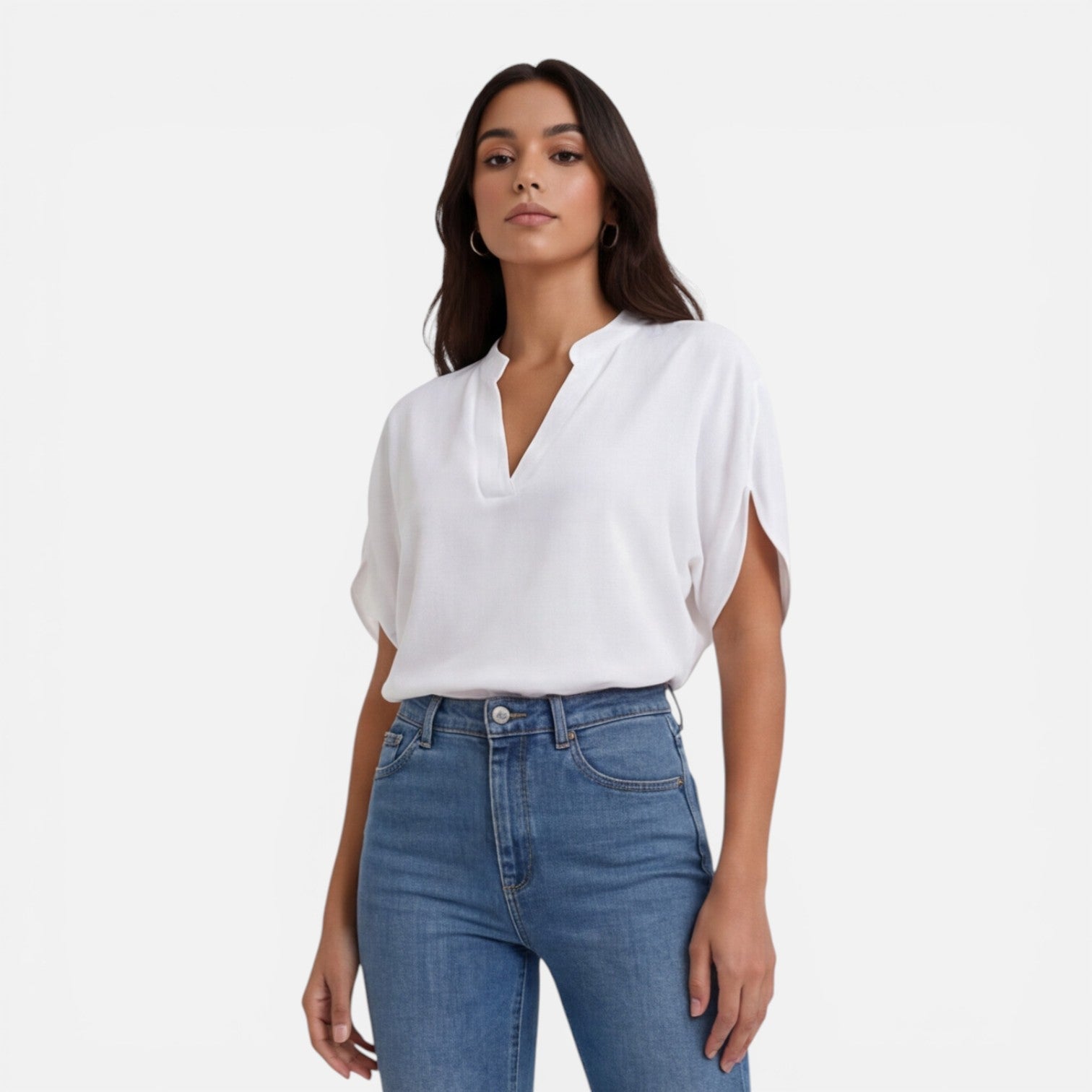 Lightweight women's chiffon blouse with V-neck, casual summer top featuring a flowy design and soft fabric.