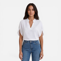 Lightweight women's chiffon blouse with V-neck, casual summer top featuring flowy fabric and short sleeves.