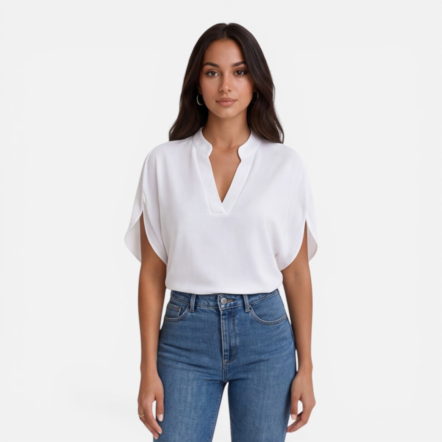 Lightweight women's chiffon blouse with V-neck, casual summer top featuring flowy fabric and short sleeves.