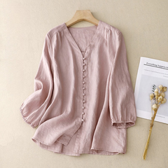 Light beige V-neck linen blouse for women, featuring a relaxed fit and short sleeves, perfect for summer wear.