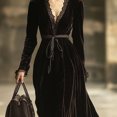 Velvet V-neck maxi dress from My Store, elegant evening dress in deep navy with long sleeves and flowing silhouette.
