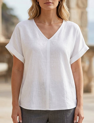 White denim summer blouse for women with V-neck and short sleeves, stylish casual top from My Store.