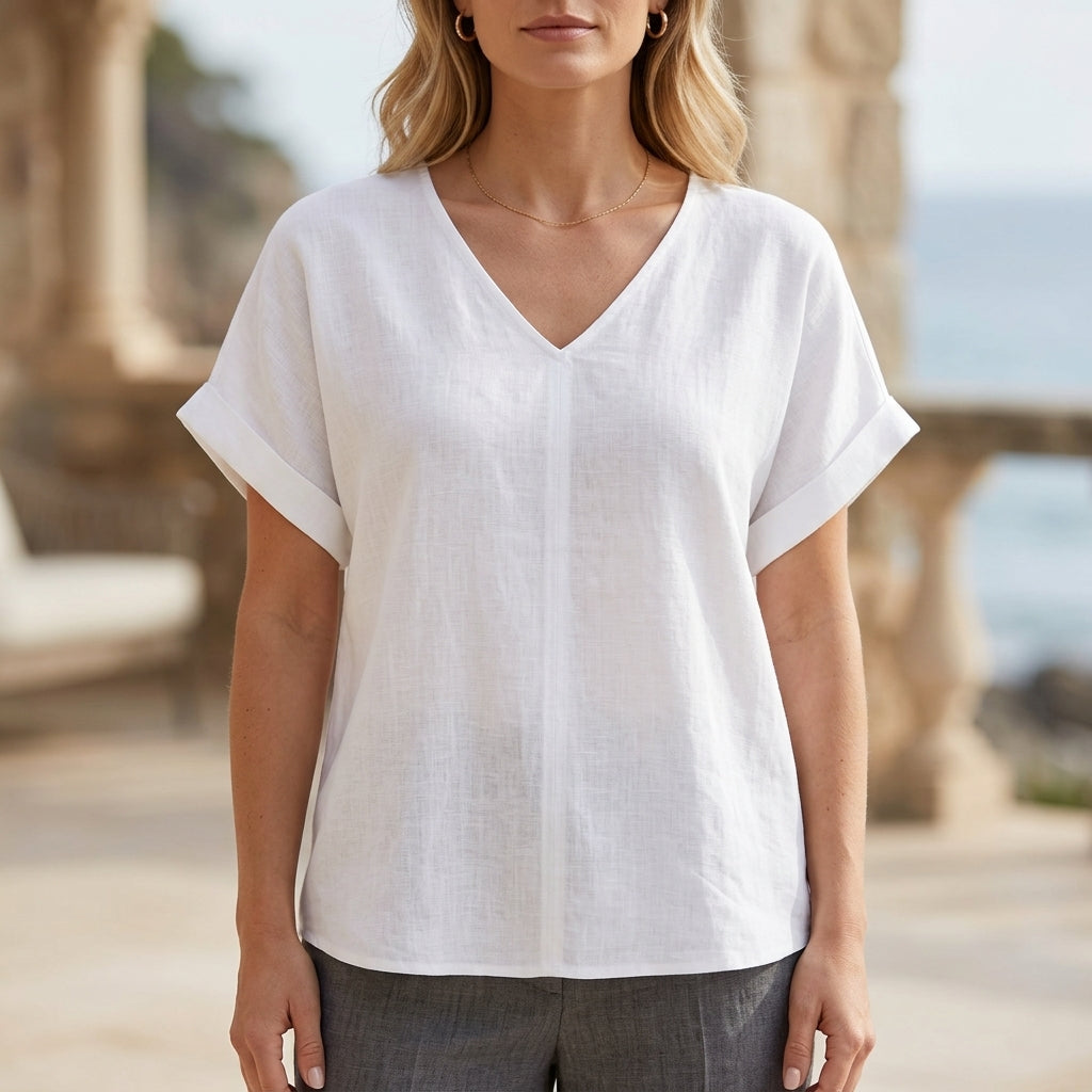White denim summer blouse for women with V-neck and short sleeves, stylish casual top from My Store.