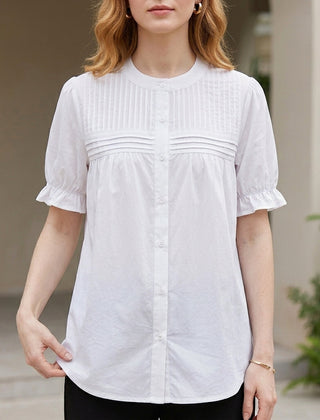 White puff sleeve denim summer blouse for women with button front, stylish and lightweight top perfect for warm weather.