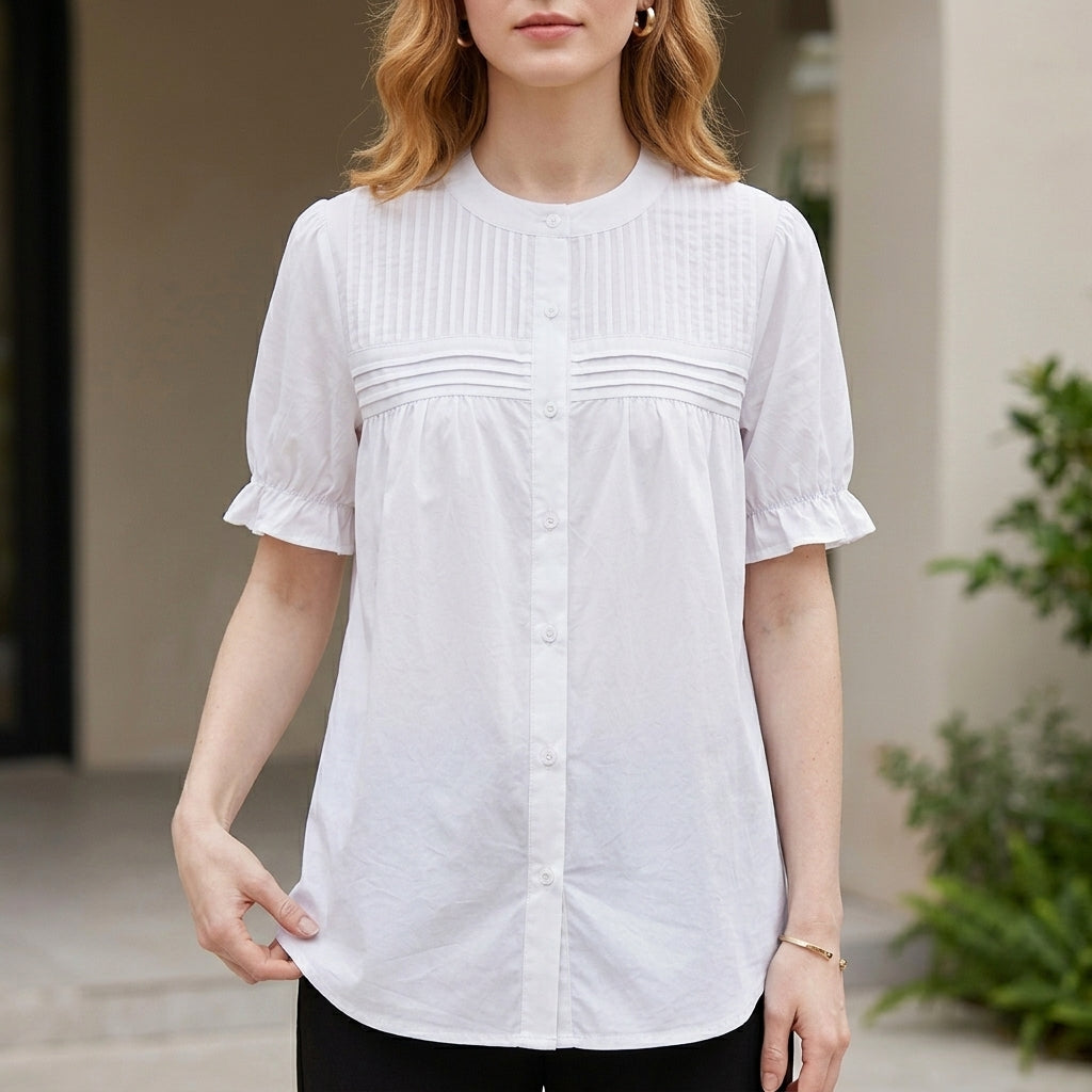 White puff sleeve denim summer blouse for women with button front, stylish and lightweight top perfect for warm weather.