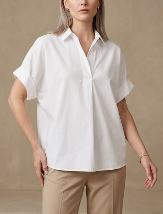 White short sleeve denim summer blouse for women with wide leg design, casual and stylish top from My Store.