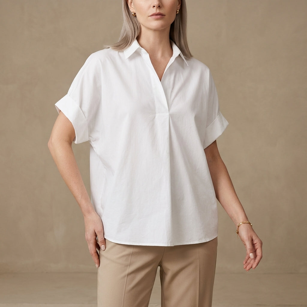 White short sleeve denim summer blouse for women with wide leg design, casual and stylish top from My Store.