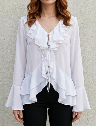 White summer blouse for women with bell sleeves, denim fabric, stylish top from My Store women's clothing collection.