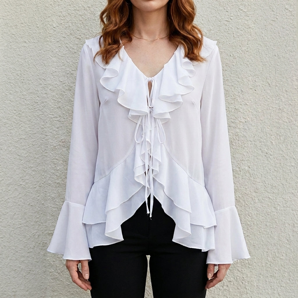 White summer blouse for women with bell sleeves, denim fabric, stylish top from My Store women's clothing collection.
