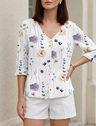 White floral V-neck summer blouse for women with denim button front, stylish top from My Store women's clothing collection.