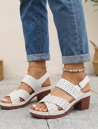White orthopedic criss-cross slingback platform sandals for women with block heels, featuring supportive design and stylish appearance