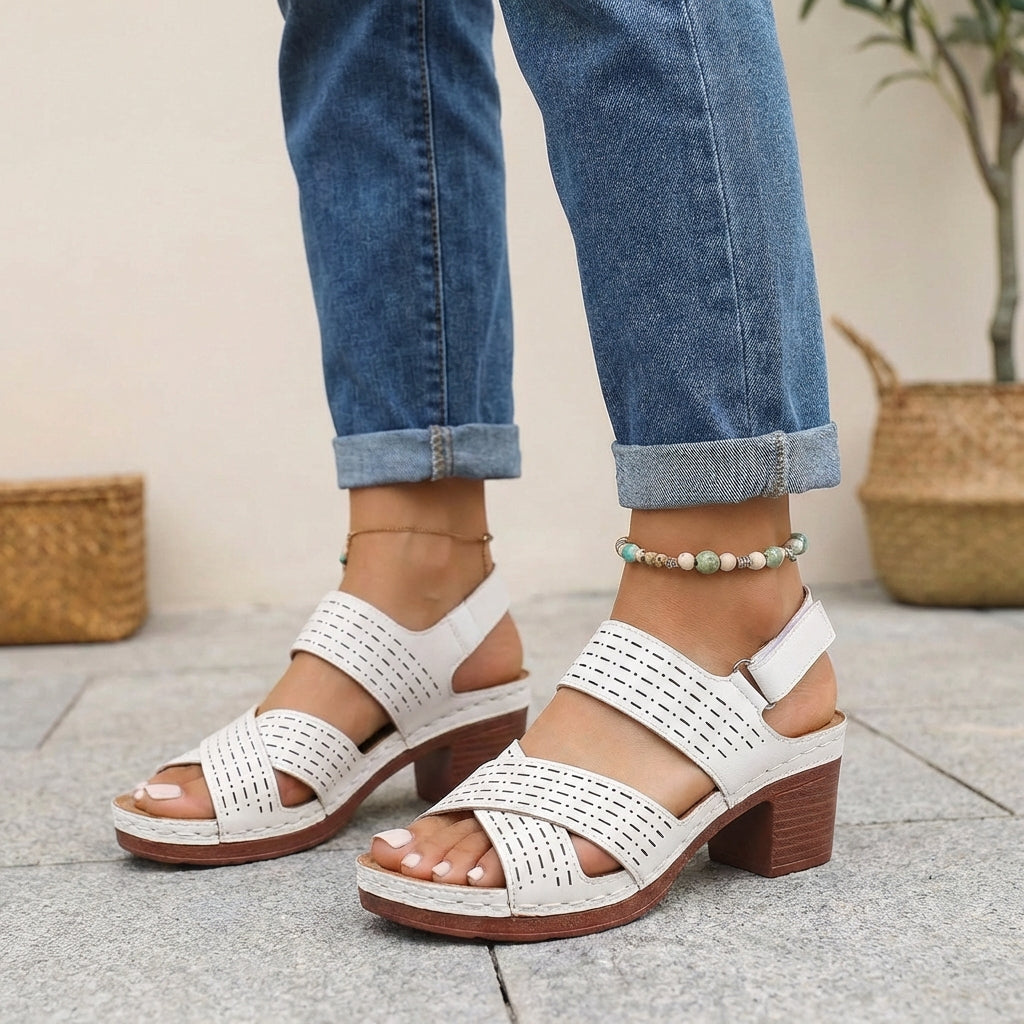 White orthopedic criss-cross slingback platform sandals for women with block heels, featuring supportive design and stylish appearance