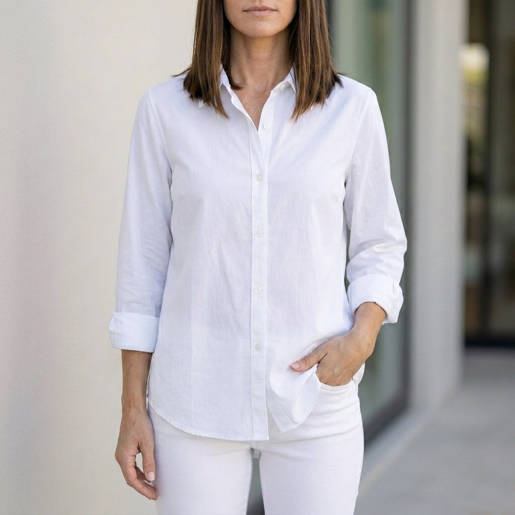 White linen women's summer blouse with button front, lightweight and breathable top perfect for warm weather.