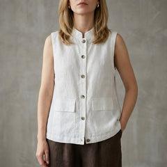 White sleeveless denim summer blouse for women with button front, stylish top from My Store.