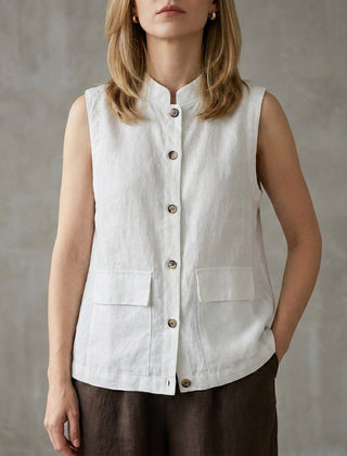 White sleeveless denim summer blouse for women with button front, stylish top from My Store.