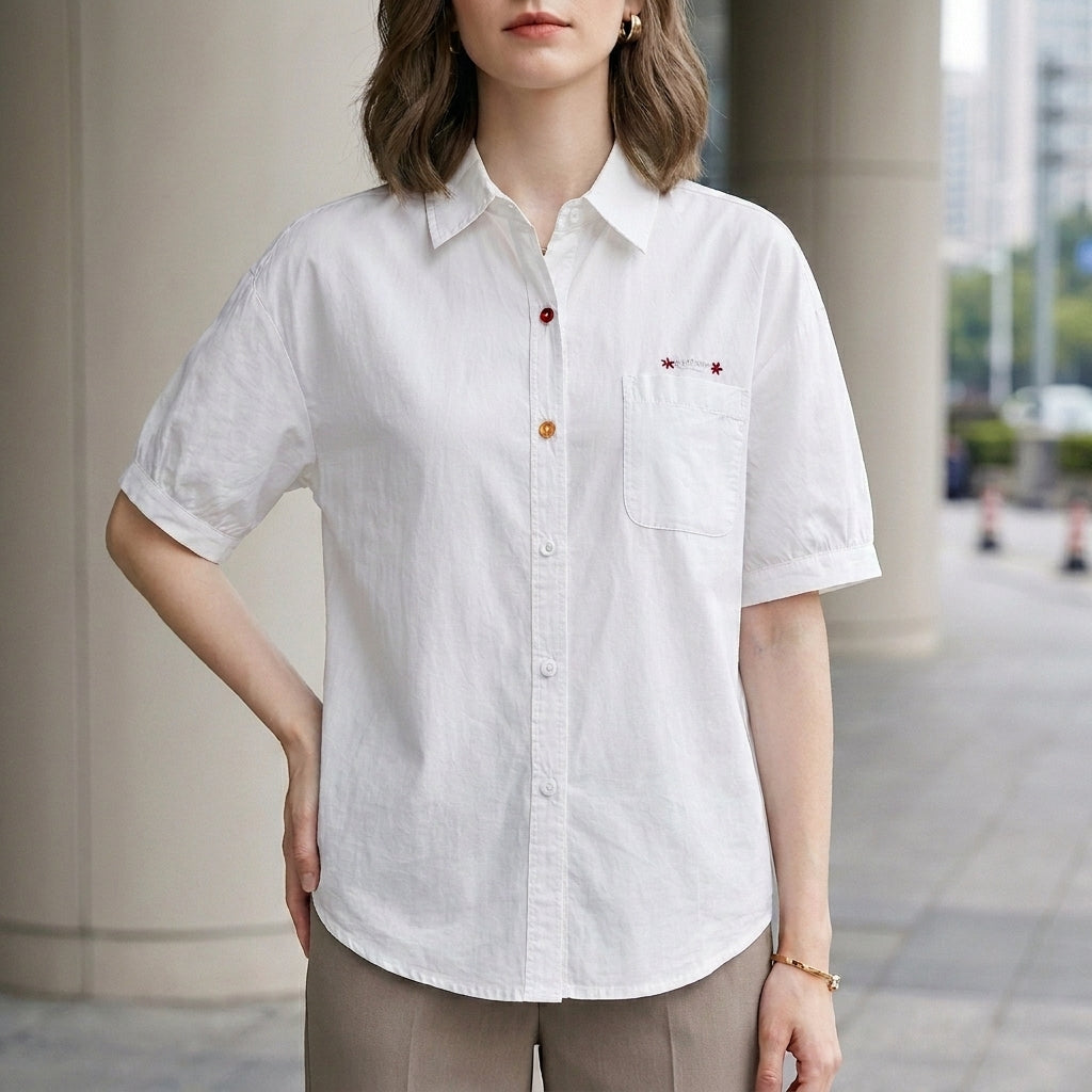 White women's summer blouse with puff sleeves, denim fabric, button front, casual style, perfect for warm weather.