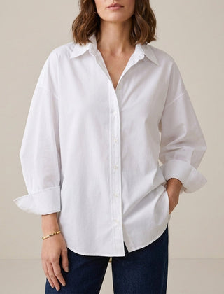 White women's linen summer top with button front, casual and breathable, perfect for warm weather.