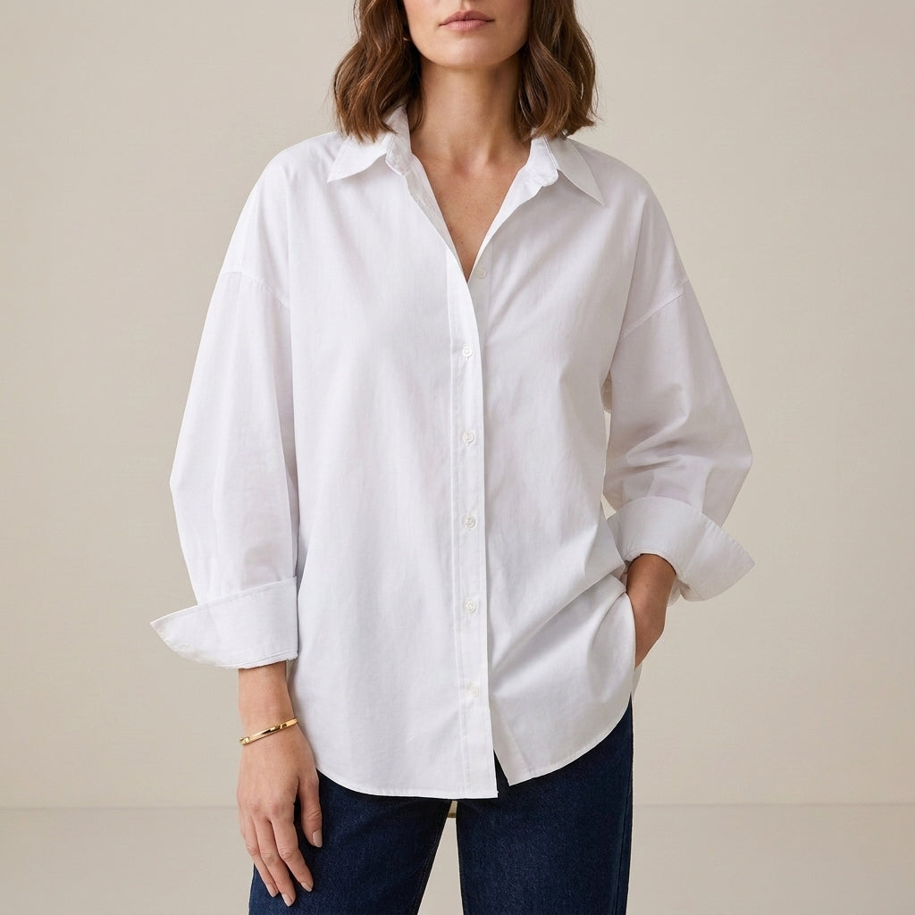 White women's linen summer top with button front, casual and breathable, perfect for warm weather.