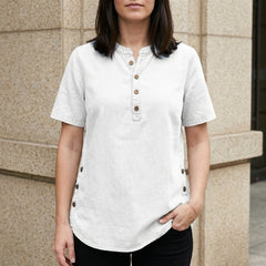 White denim summer top for women with front buttons, casual style, short sleeves, and flattering fit.