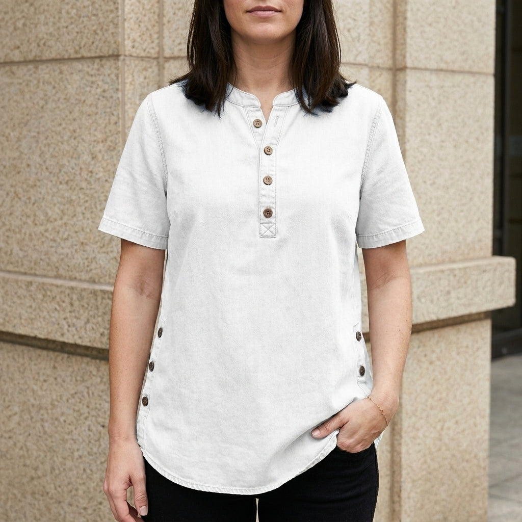 White denim summer top for women with front buttons, casual style, short sleeves, and flattering fit.