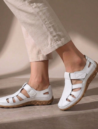 White Cutout Fisherman Sandals for Women by Tammy Bradley showing open-toe design, adjustable ankle strap, and woven cutout details