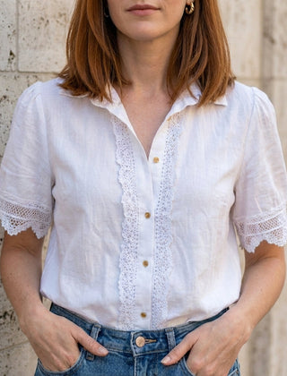 White women's summer blouse with V-neck, short sleeves, and lace details, perfect for casual and warm-weather outfits.