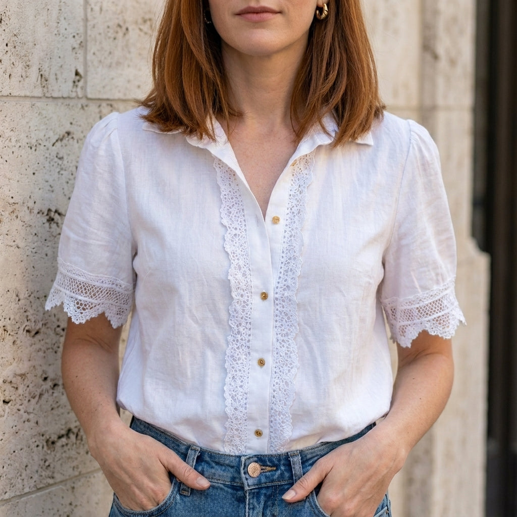 White women's summer blouse with V-neck, short sleeves, and lace details, perfect for casual and warm-weather outfits.