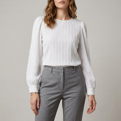 White denim long sleeve pleated summer blouse for women, stylish top with feminine design and casual fit