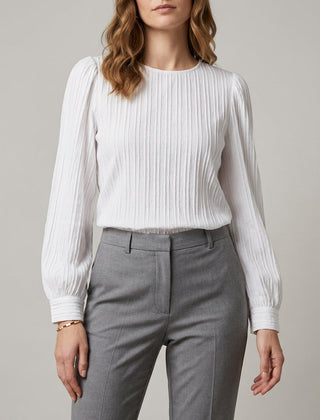 White denim long sleeve pleated summer blouse for women, stylish top with feminine design and casual fit