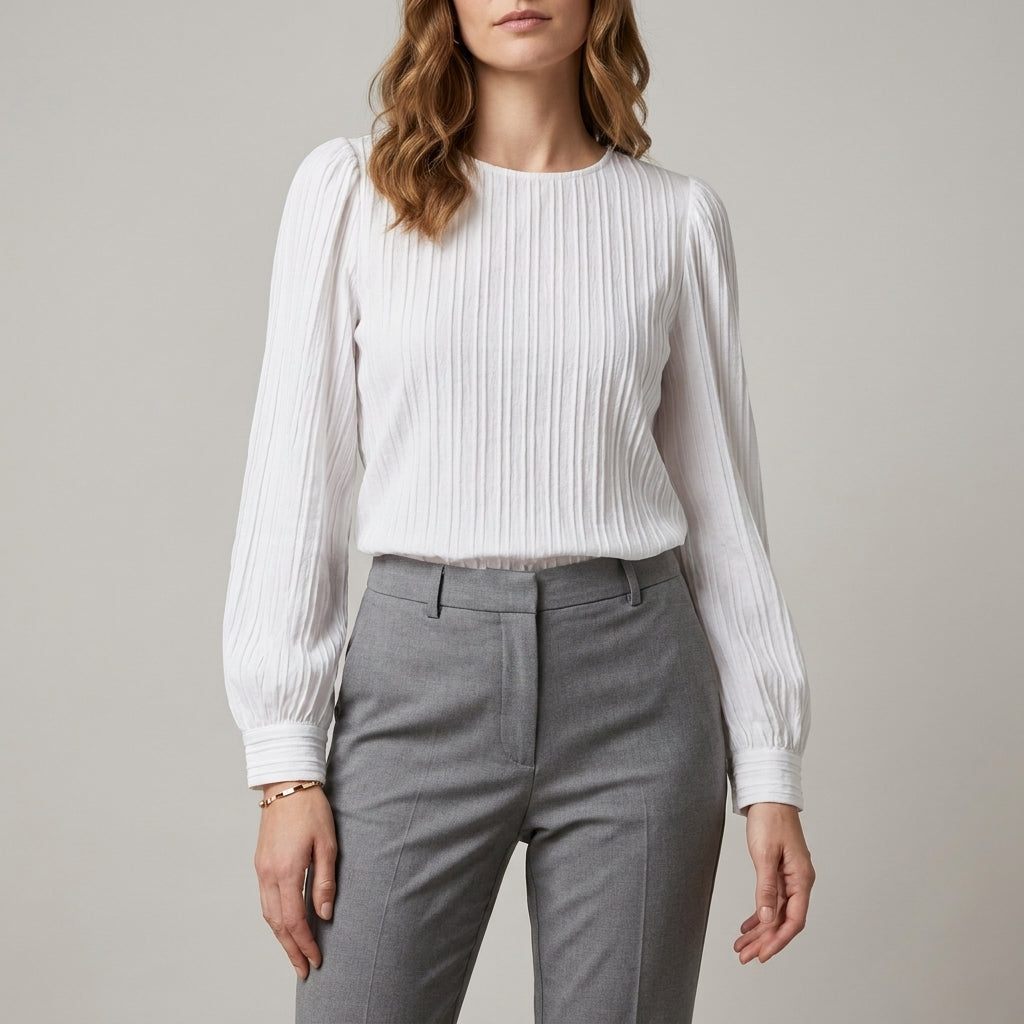 White denim long sleeve pleated summer blouse for women, stylish top with feminine design and casual fit